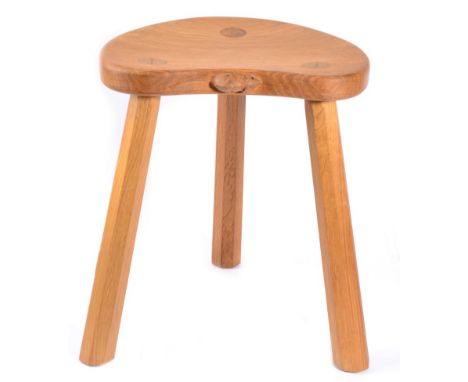 Mouseman: A Robert Thompson English Oak Calf Stool, with kidney shaped seat, on three octagonal legs, with carved mouse signa