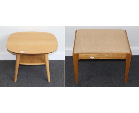 An Ercol Light Oak Two-Tier Circular Coffee Table, modern, 55cm by 55cm by 40cm; and An Ercol Light Oak Dressing Stool, moder