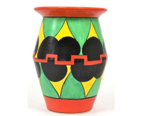 A Clarice Cliff Castellated Circles Vase, painted in colours with a band of geometric devices and horizontal bands, printed C