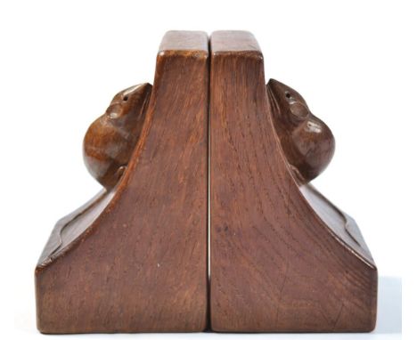 Mouseman: A Pair of Robert Thompson English Oak Single Mouse Bookends, each with carved mouse signature, 15.5cm