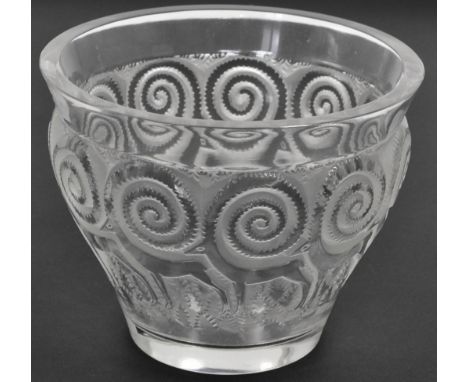 René Lalique (French, 1860-1945): A Rennes Frosted Glass Vase, moulded in relief with reindeer, wheel cut mark R LALIQUE FRAN