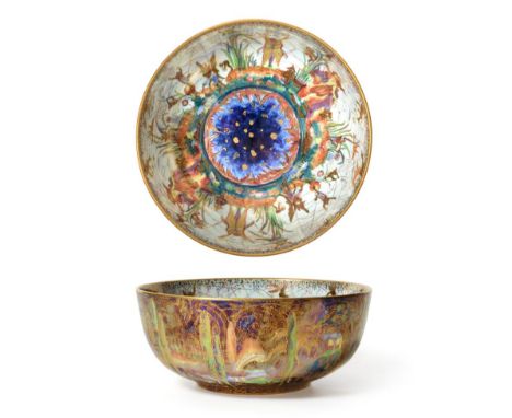 A Wedgwood Fairyland Lustre Poplar Trees and Elves and Bell Branch Imperial Bowl, designed by Daisy Makeig-Jones, printed and