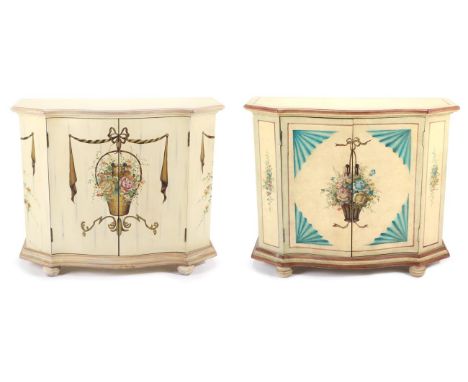 A Cream Painted Serpentine Shaped Side Cabinet, modern, the front and sides painted with flowers, swags and ribbons, with two