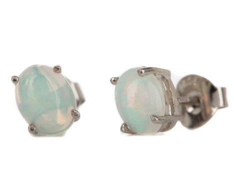 PAIR OF ETHIOPIAN OPAL STUD EARRINGS,set with oval cabochon stones, in silver