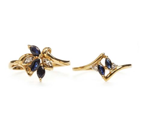 BLUE GEM AND DIAMOND RING,with three marquise shaped blue gems interspaced by two round brilliant cut diamonds of approximate