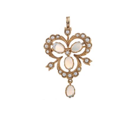 OPAL AND PEARL PENDANT BROOCH,of openwork form, set with oval opals bordered by seed pearls and a suspended opal, in nine car