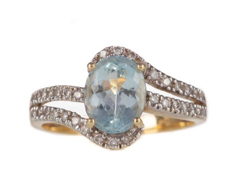 AQUAMARINE AND DIAMOND RING,the oval faceted aquamarine on crossover bifurcated shoulders, in eighteen carat gold, size O, 4.
