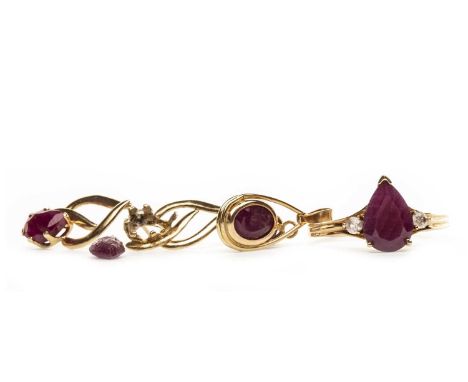 RED GEM SET RING,the pear shaped red gem flanked by two round white gems, size P, marked 10k, along with a similar pair of ea