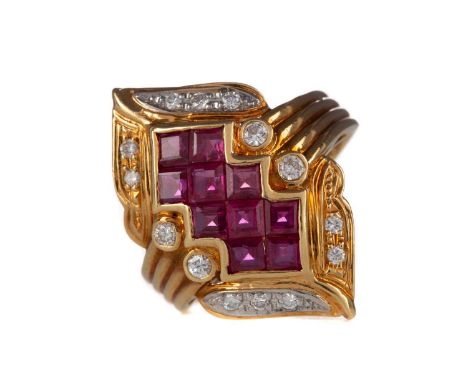 RUBY AND DIAMOND RING,set with square rubies with round brilliant cut diamonds to the border, marked K18 and PT900, size K, 5