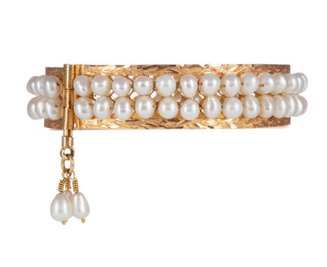 PEARL BANGLE,with two rows of pearls within an etched border, sliding pin clasp with three suspended baroque pearls, unmarked