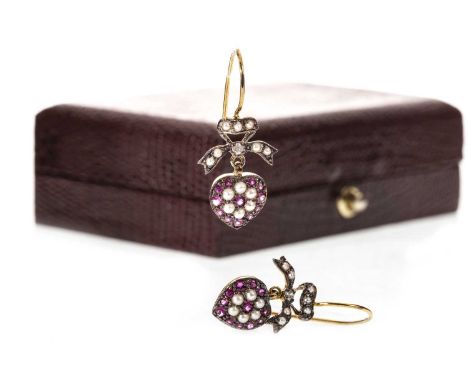 PAIR OF RUBY AND PEARL EARRINGS,each with a heart shaped section set with split seed pearls and round rubies, suspended from 