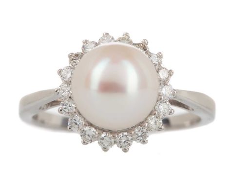 PEARL AND DIAMOND RING,the spherical pearl within a round brilliant cut diamond halo totalling approximately 0.37 carats, mar