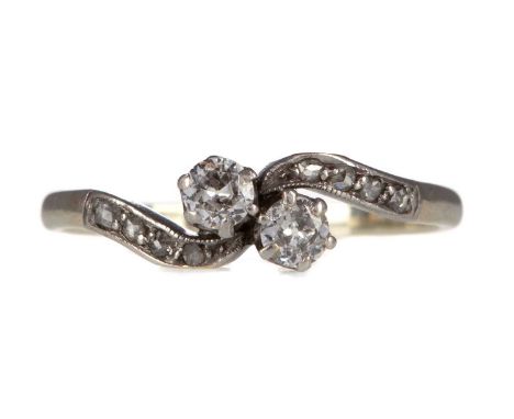DIAMOND TWO STONE RING,set with two old cut diamonds totalling approximately 0.16 carats, on rose cut diamond set shoulders, 