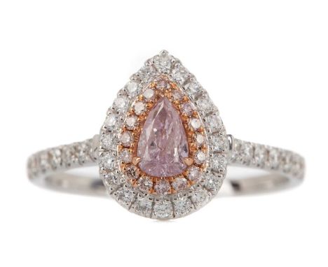GIA CERTIFICATED FANCY PURPLISH PINK DIAMOND RING,the Fancy Purplish Pink pear cut diamond of approximately 0.30 carats, with