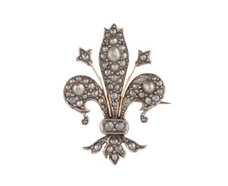 SEED PEARL FLEUR DE LIS BROOCH,40mm high, silver on gold, 6.9gCondition report: Generally worn condition.&nbsp;Some pearls sp