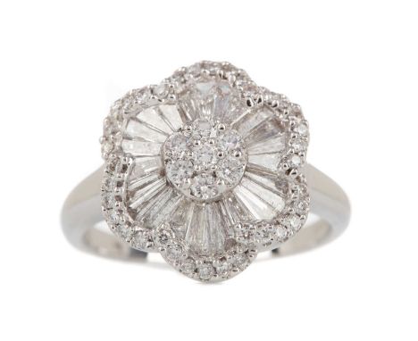 DIAMOND FLOWER RING,set with round brilliant and baguette cut diamonds totalling approximately 1.54 carats, marked 18K and 75