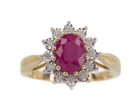 RUBY AND DIAMOND CLUSTER RING,the oval ruby of approximately 1.61 carats, within an illusion set diamond halo totalling appro