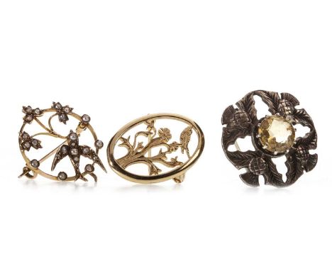 SEED PEARL SWALLOW BROOCH,24mm in diameter, marked 9ct, 2.5g, a nine carat gold brooch depicting a tree, 3.9g and a silver IO
