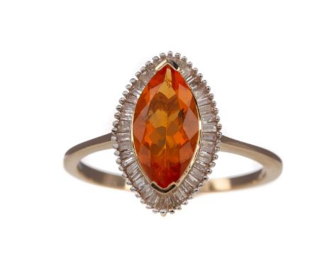 FIRE OPAL AND DIAMOND RING,set with a marquise fire opal within a halo of tapered baguette cut diamonds, marked 9K, size O, 2