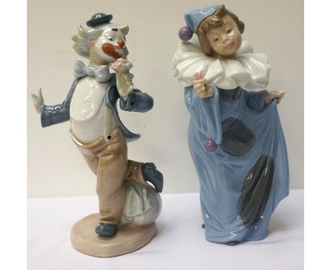 NAO PORCELAIN FIGURINE of a clown with a bunch of flowers, 20.5cm high, boxed; together with a Nao figurine of a young boy ho