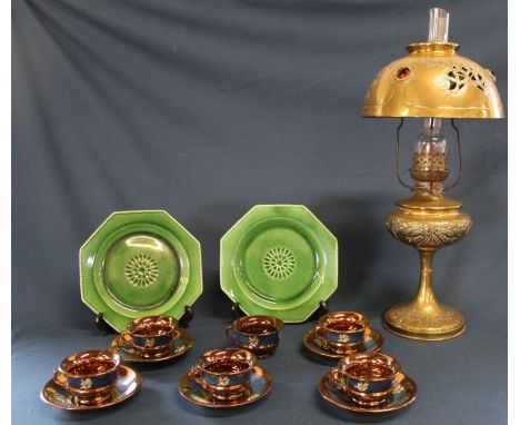 Brass paraffin lamp with decorative shade set with faceted coloured glass, 2 green glazed Casa Pupo octagonal plates &amp; co