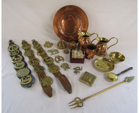 Collection of brass and copper including jugs, horse brasses, weights, toasting fork, Calibri olive wood lighter etc