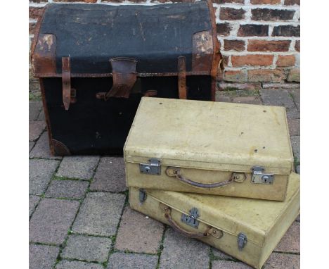 Old travelling trunk &amp; 2 vintage white suitcases