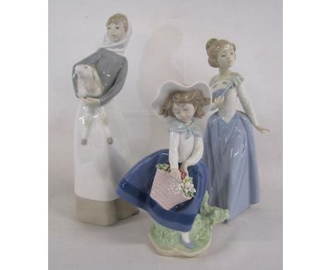 2 Lladro figurines girl with lamb and Pretty Pickings and Nao figurine lady with fan