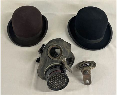2 bowler hats including Falcon and Cunningham and co, gas mask and Royal Automobile Club Associate car mascot badge&nbsp;