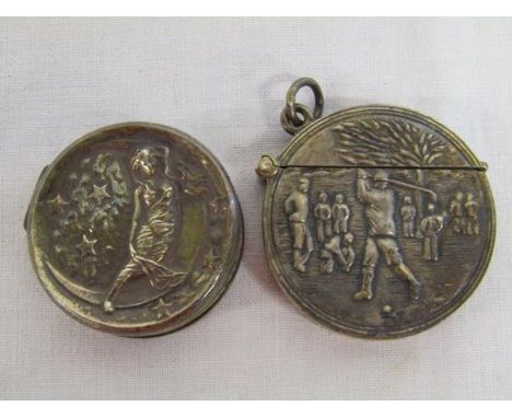 Silver vesta case depicting golfers and silver snuff box with a lady laying on the moon and stars