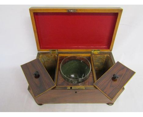 19th century mahogany tea caddy with glass mixing bowl and red lining