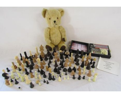 Dean's Gwentoy teddy bear with bell in ear and a collection of chess pieces