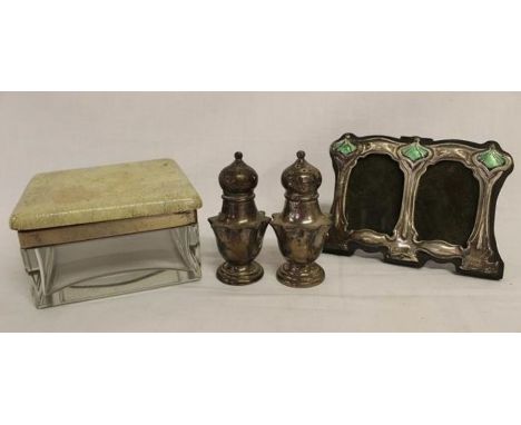 C B &amp; S London 1924 silver rimmed lidded box, silver salt and pepper pot and sterling with enamel picture frame&nbsp;&nbs