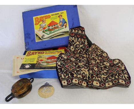 Bayko building set, Lilikins gold plated Christmas tree decoration 1978, wooden pulley and small Indian hand made mirror work