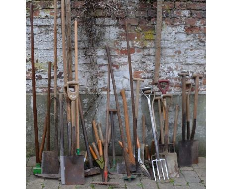 Large quantity of garden tools including pitch forks, spades, axe &amp; butchers cleavers etc&nbsp;