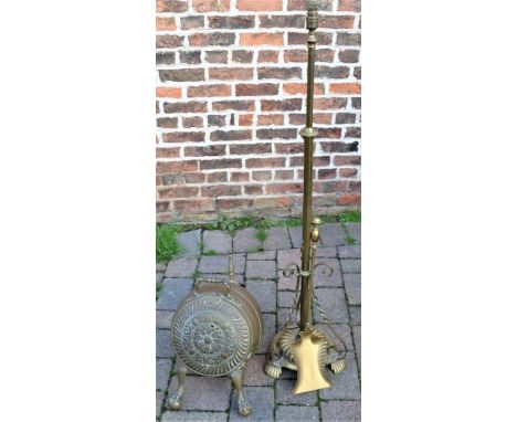 Brass barrel shaped coal scuttle with shovel, brass adjustable standard lamp with shade, brass coal shovel and cooper warming