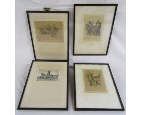 M Rudge etching Lincoln Cathedral, and 3 Marjorie C Bates prints - Beldion End, Eton - Market Place, Well - Stonegate, York