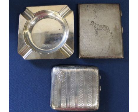 Silver engine turned cigarette case with engraved Alsatian decoration, one other cigarette case &amp; silver ashtray 11.32ozt