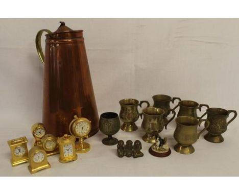 Enamel lined copper jug, collection of brass and some miniature clocks