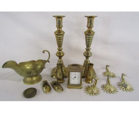 Collection of brassware including candlesticks and Angelus miniature battery clock&nbsp;