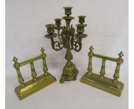 Brass candlestick 5 arm and a pair of brass fire dogs / fire iron stands
