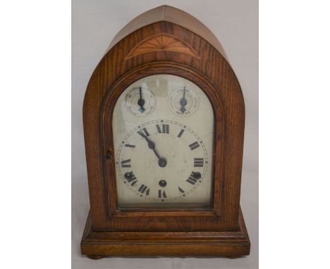 Early 20th century oak case dome top mantel clock with chiming mechanism &amp; inlaid decoration Ht 38cm W 27cm D 17.5cm