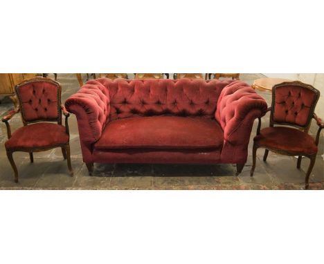 Mid 20th century drop arm Chesterfield sofa L175cm with 2 open armchairs