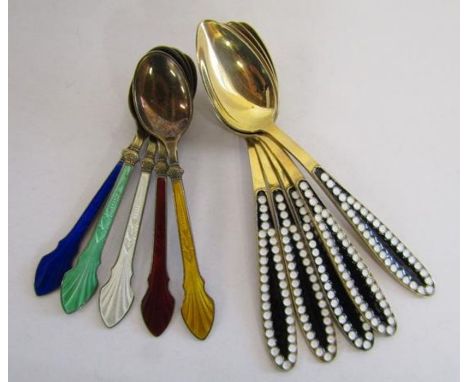 5 Soviet silver gilded spoons with black and white enamelling and 5 Denmark sterling silver spoons with coloured enamel&nbsp;