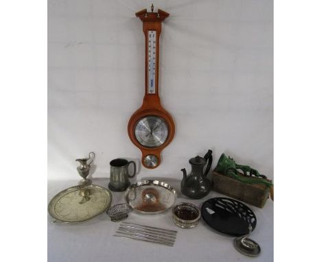 Weathermaster barometer, metal chopsticks, vintage mincer, silver plate etc&nbsp;