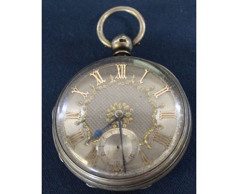 Late 19th century silver open face pocket watch with engine turned silvered dial and gold plated Roman numerals (missing seco