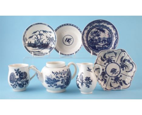 Collection of Worcester circa 1765 -1780 to include a teapot stand, Fence pattern teapot base, Birds in Branches cream jug, N