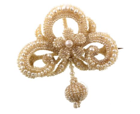 Victorian natural seed pearl flower head and scroll drop brooch , the full set brooch comprising central flower head, scroll 