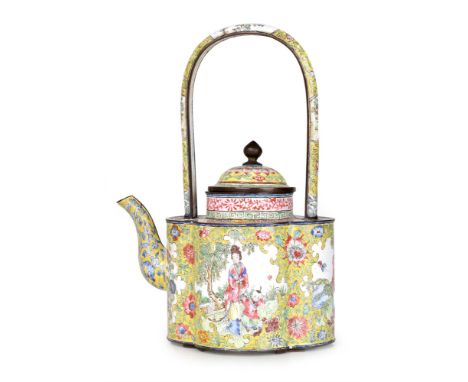 A 19th century Chinese enamel quatrefoil teapot. With famille en rose floral design and scenes of ladies in a walled garden a