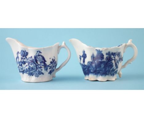 Two Caughley low Chelsea ewers circa 1780 , printed with Birds in Branches and Pleasure Boat patterns in underglaze blue, (2)